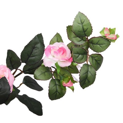 Factory Direct 1.8m Wall Hanging Rose Garland Pink Flower Heads Deep Green Artificial Leaves Vine for Wedding Wall Decoration