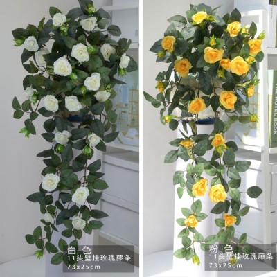 Fuyuan factory 2019 78cm 2.56FT 11 heads wall hanging yellow rose garland artificial leaves vine for wedding